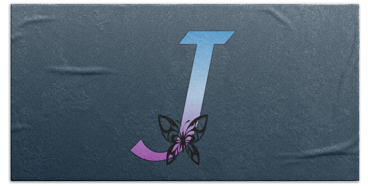 Monogram Beach Towel featuring the digital art Butterfly Silhouette on Monogram Letter J Gradient Blue Purple by Ali Baucom