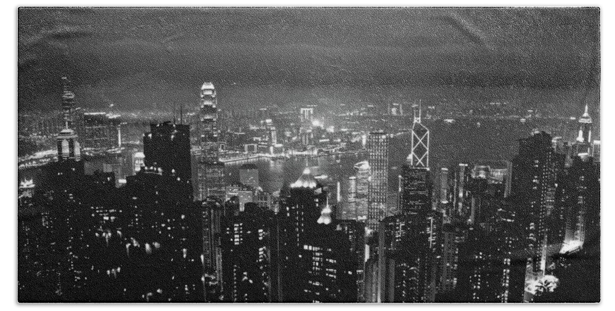 Hong Kong Asia Travel Port Buildings Black White Bw Clouds View Tourism Security Tower Skyscraper Urban Queens Walk Victoria Peak Beach Towel featuring the photograph BW shiny Hong Kong by Sean Hannon