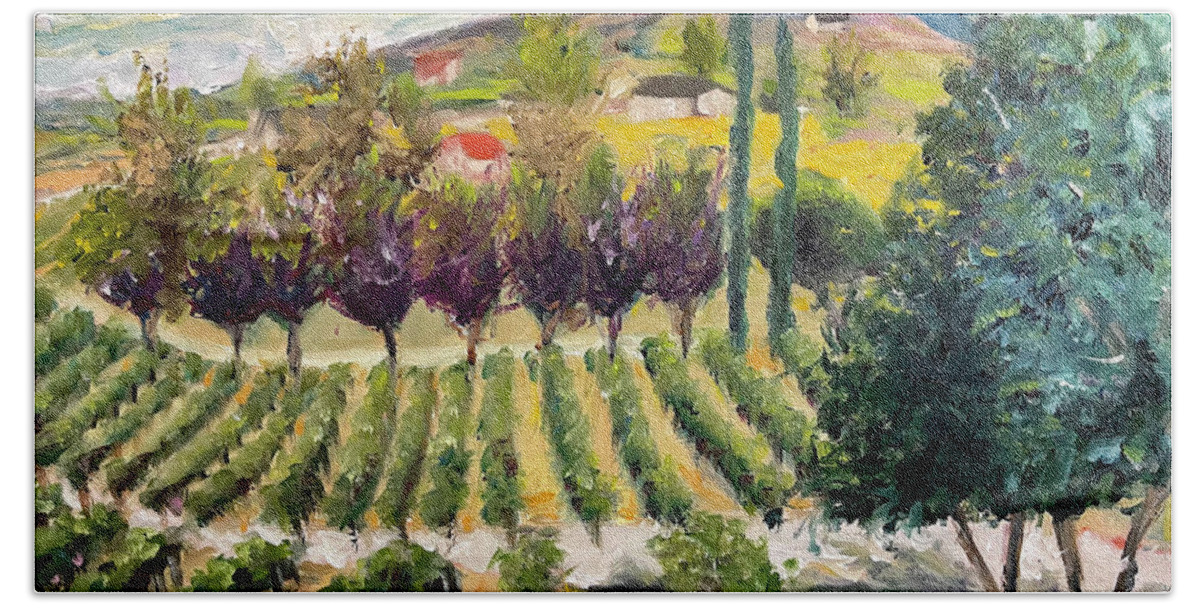 Oak Mountain Beach Towel featuring the painting Cabernet Lot at Oak Mountain Winery by Roxy Rich