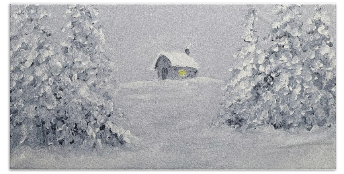 Snow Beach Towel featuring the painting Cabin In The Snow by Stacy C Bottoms