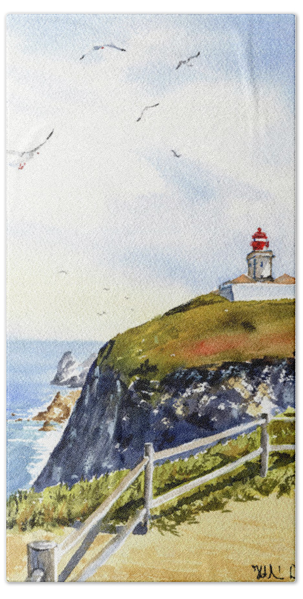 Portugal Beach Towel featuring the painting Cabo Da Roca Lighthouse Painting by Dora Hathazi Mendes