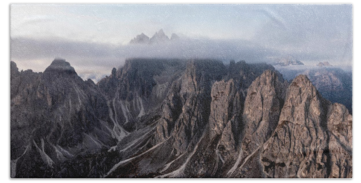 Panorama Beach Towel featuring the photograph Cadini Peaks Tre Cime de Laveredo Italian Dolomites by Sonny Ryse