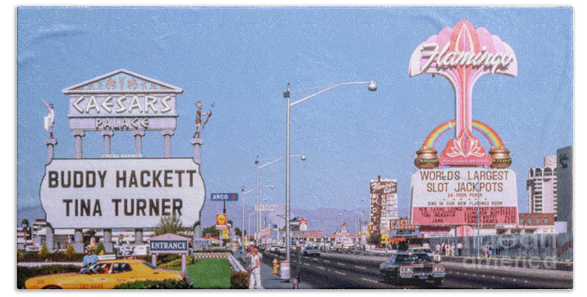 Flamingo Casino Neon Sign Beach Towel featuring the photograph Caesars Palace Casino and Flamingo Casino Marquee Signs 1970's 2 to 1 Ratio by Aloha Art
