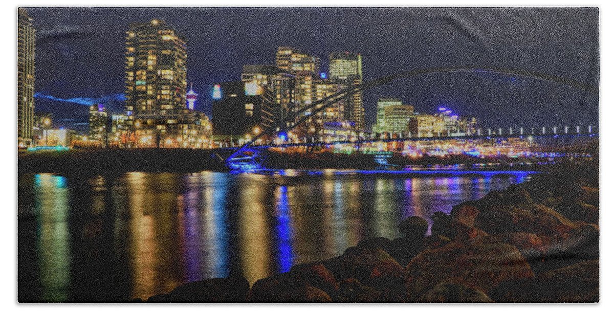 Centre Street Bridge Beach Towel featuring the photograph Calgary with Bow River at night by Thomas Nay