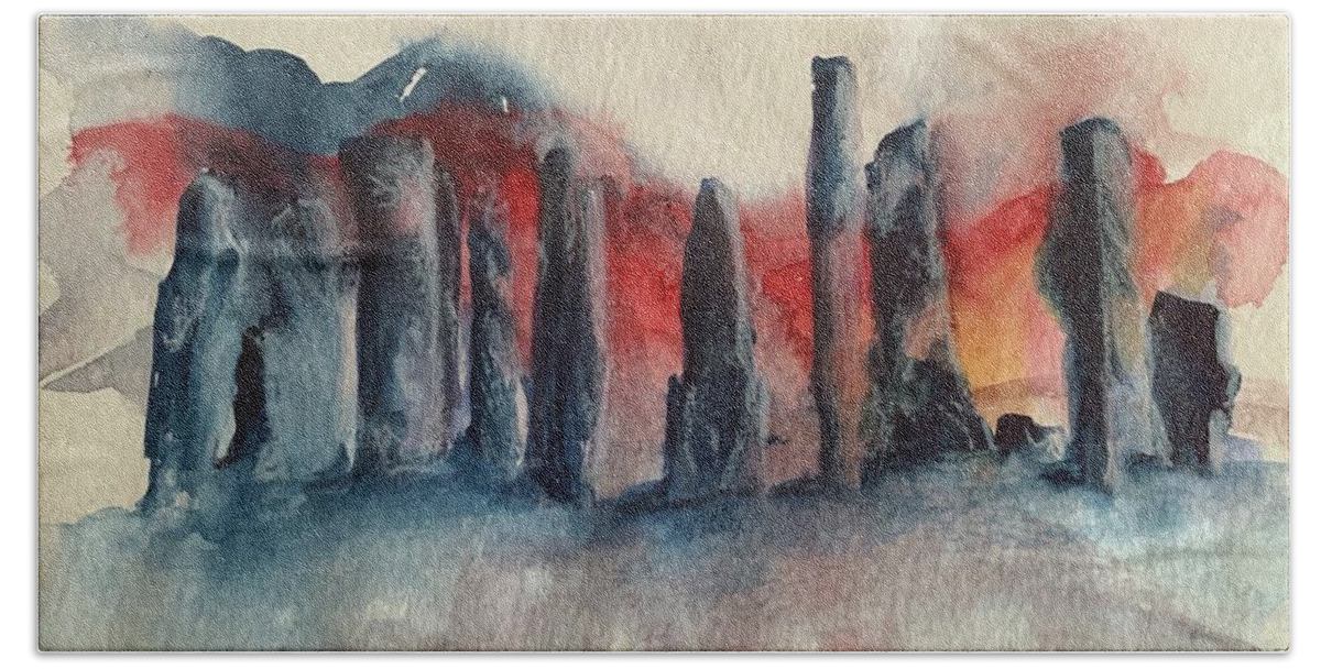 Standing Stones Beach Towel featuring the painting Callanish Stones at Sunset by Christine Marie Rose