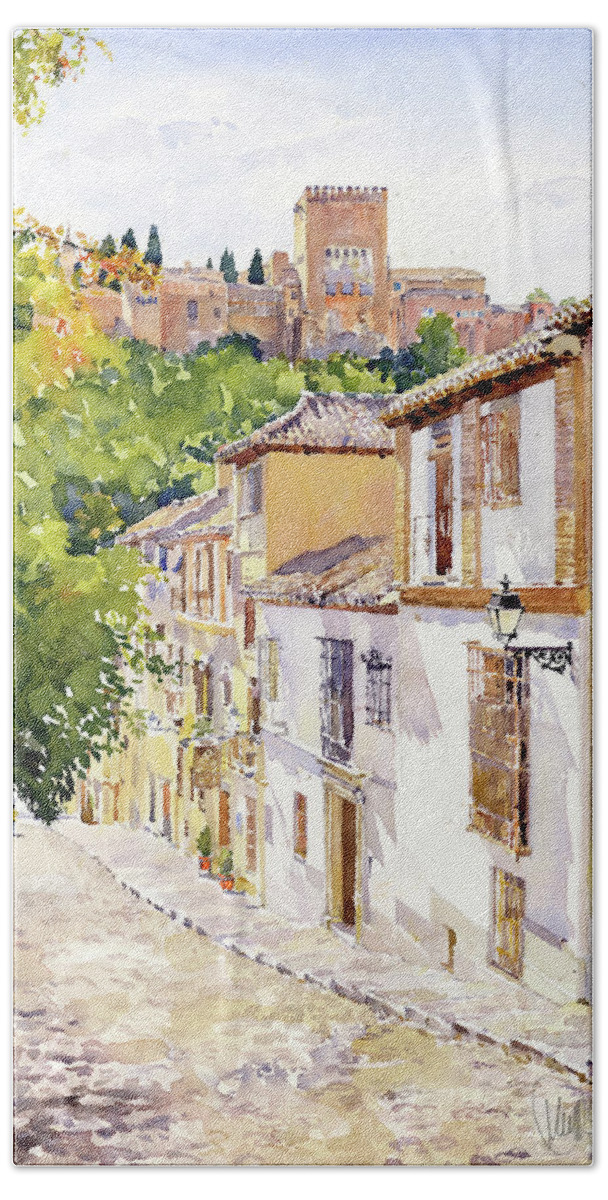 Castle Beach Sheet featuring the painting Calle Victoria, The Albaicin, Granada, Spain by Margaret Merry