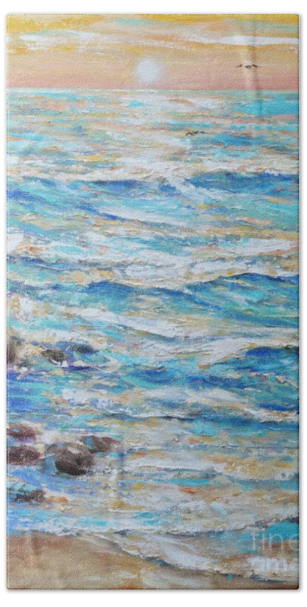 Ocean Beach Sheet featuring the painting Cambria Rocks by Linda Olsen