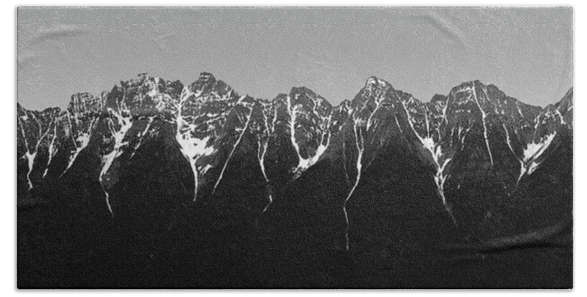 617 Beach Towel featuring the photograph Canadian Rockies abstract panorama black and white by Sonny Ryse