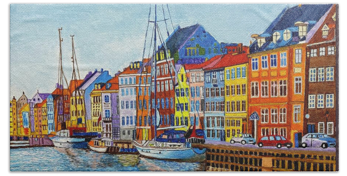 Canal Beach Sheet featuring the painting Canal in Nyhavn, Copenhagen by William Bowers