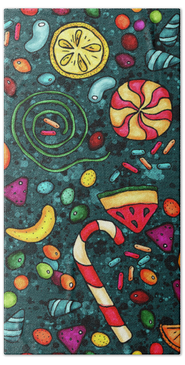 Candies Beach Towel featuring the painting Candies with duck blue background, Colorful candies by Nadia CHEVREL