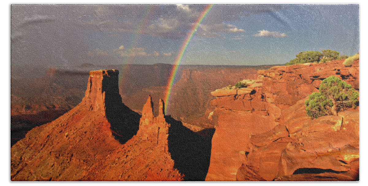 Utah Beach Towel featuring the photograph Canyonlands Double Rainbow by Bob Falcone