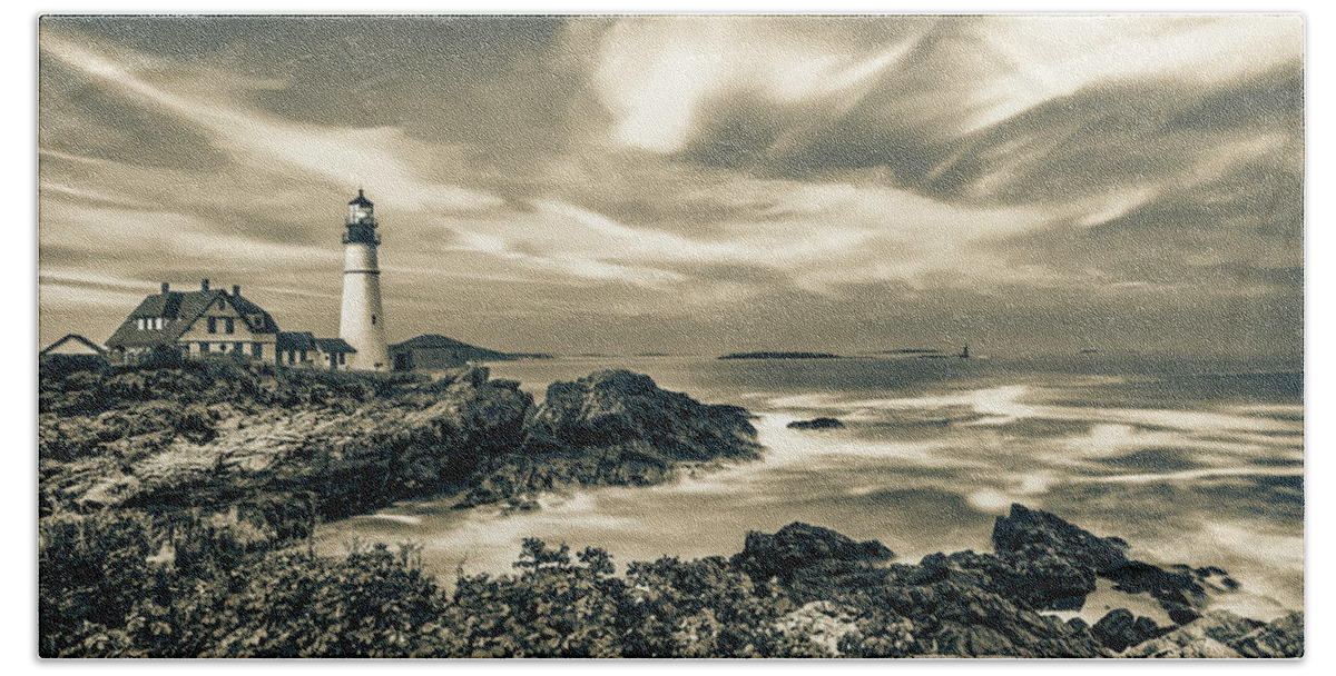 Portland Head Light Beach Towel featuring the photograph Cape Elizabeth Maine Lighthouse Sepia Panorama - Portland Head Light by Gregory Ballos