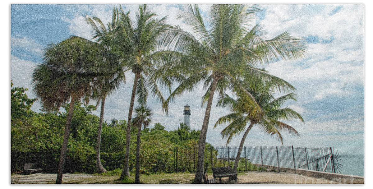 Cape Beach Towel featuring the photograph Cape Florida Lighthouse and Palm Trees on Key Biscayne by Beachtown Views
