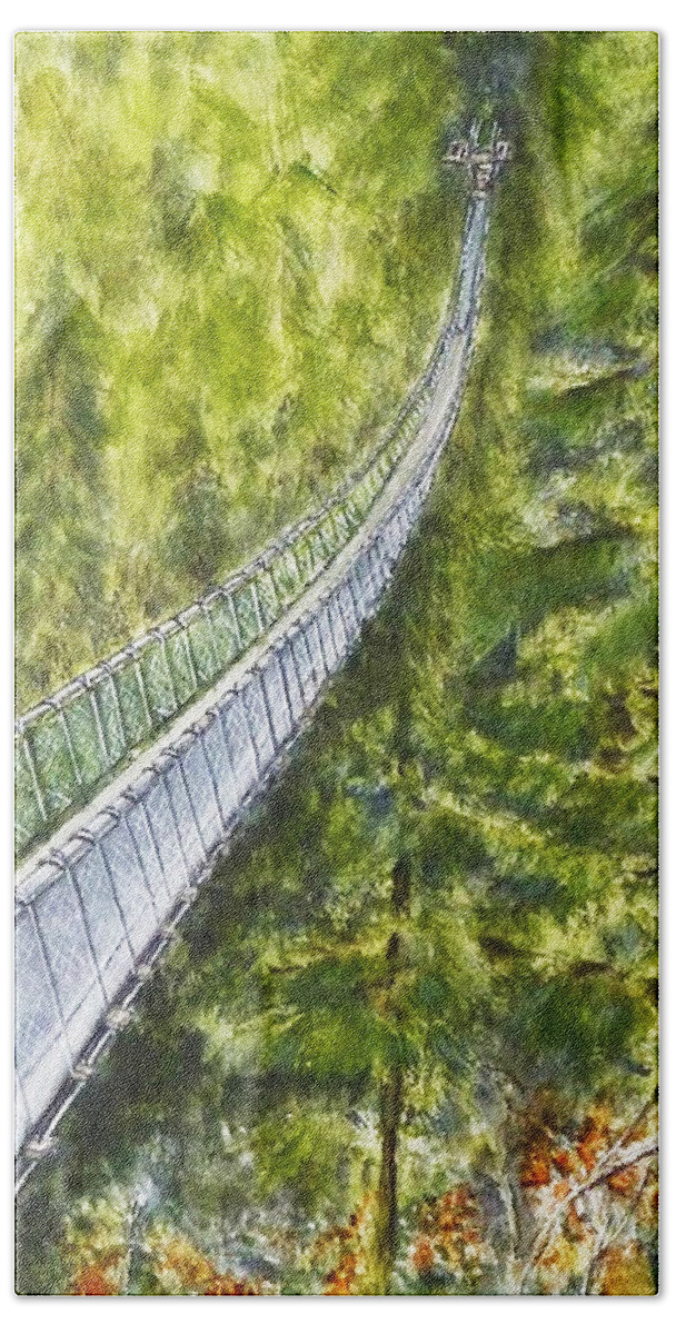 Capilano Suspension Bridge Beach Sheet featuring the painting Capilano Suspension Bridge BC by Kelly Mills
