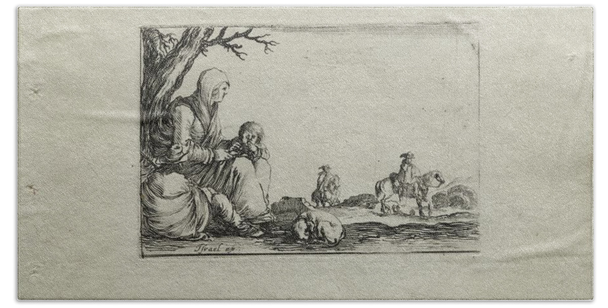 Antique Beach Towel featuring the painting Caprices Seated Beggar Woman with Two Children c. 1642 Stefano Della Bella by MotionAge Designs