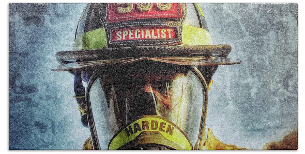 Firefighter Fireman Mask Fire Helmet Specialist Cincinnati Fire Department Beach Towel featuring the photograph Car 533 by Al Harden