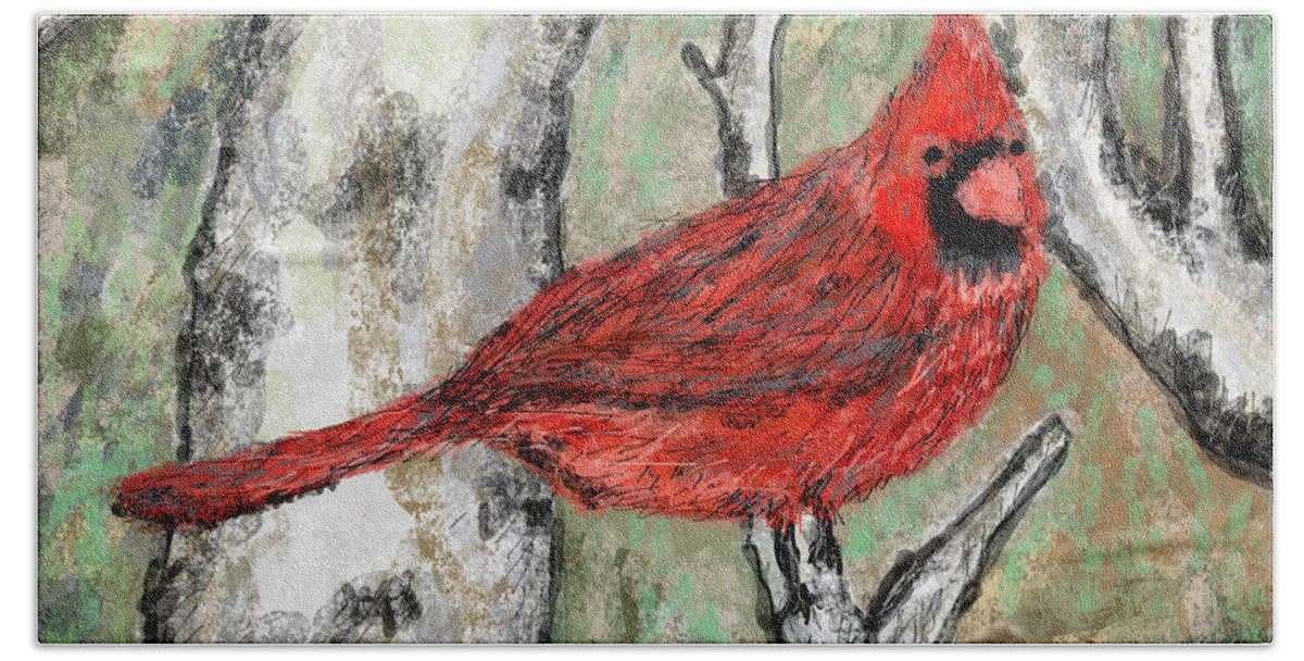 Bird Nature Red Cardinal Woods Beach Towel featuring the mixed media Cardinal by Bradley Boug