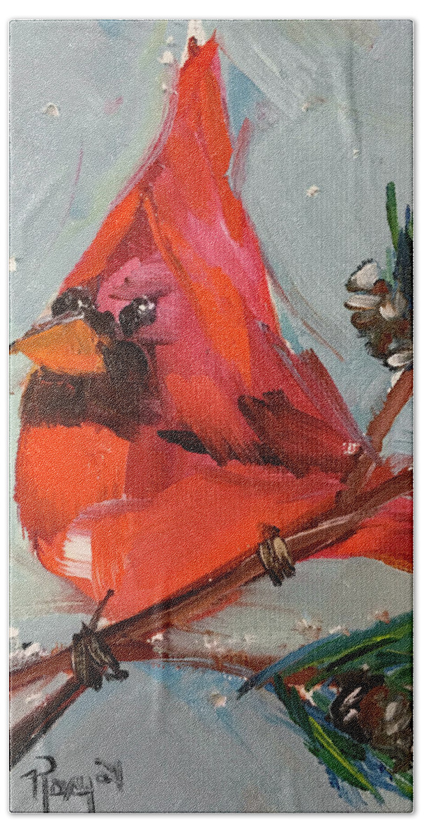 Cardinal Beach Towel featuring the painting Cardinal in a Fir Tree by Roxy Rich