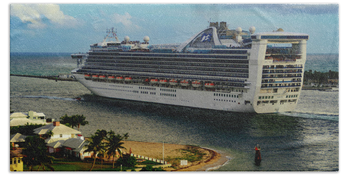 Cruise Ship; Skies; Clouds; Water; Landscape; Color; Travel Beach Towel featuring the photograph Caribbean Princess #1 by AE Jones