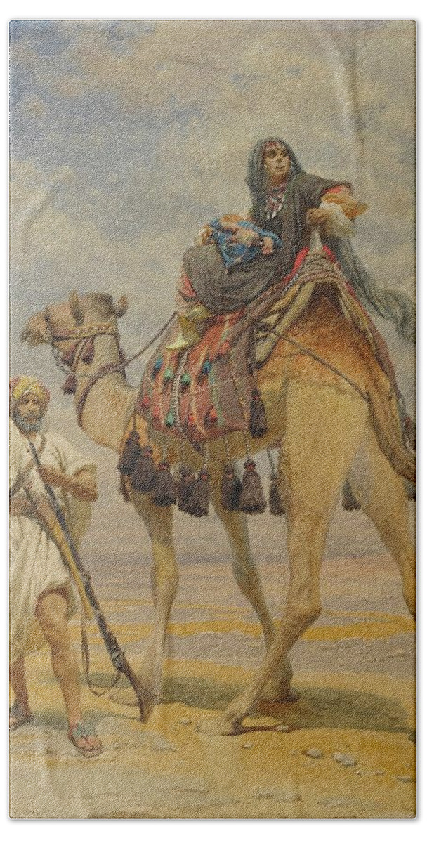 Carl Haag 1820 - 1915  Bedouin Woman On A Camel 1864 Beach Towel featuring the painting Carl Haag 1820 - 1915  BEDOUIN WOMAN ON A CAMEL 1864 by Artistic Rifki