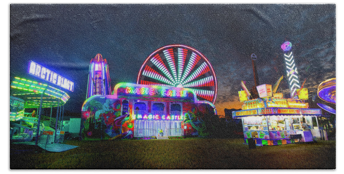 Swing Ride Beach Towel featuring the photograph Carnival Lights and Midway Delights - Standard Version by Mark Andrew Thomas