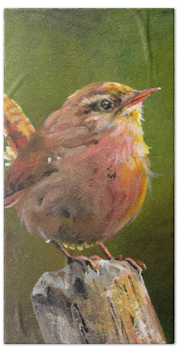 Bird Beach Towel featuring the painting Carolina Wren - painting by Annie Troe