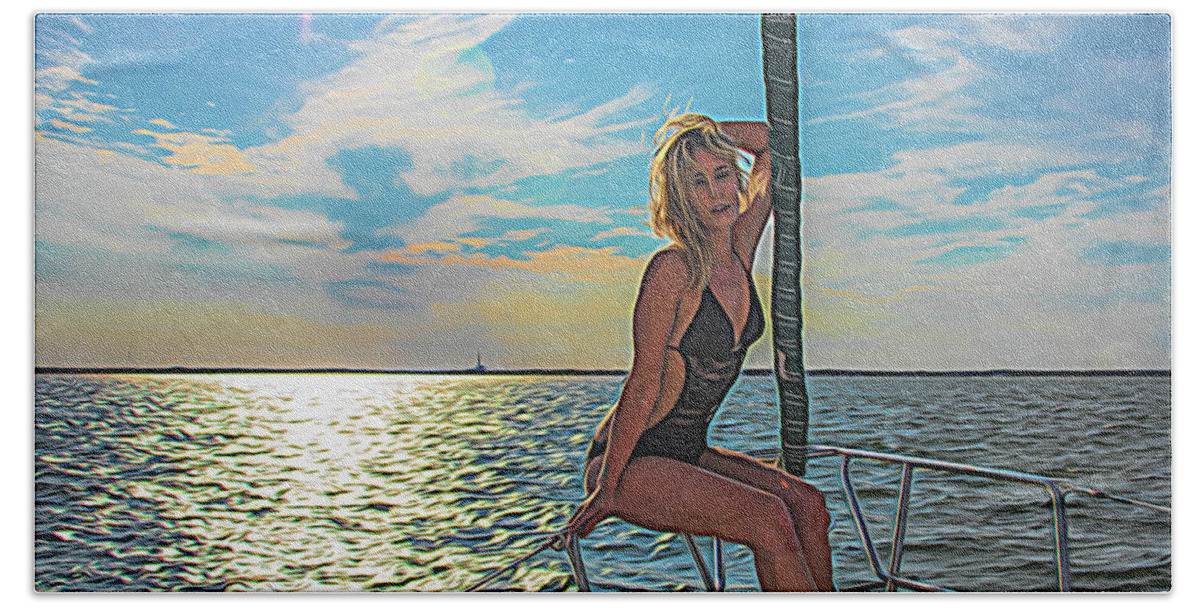 Blonde Beach Towel featuring the photograph Carrie on a Yacht by Alan Goldberg