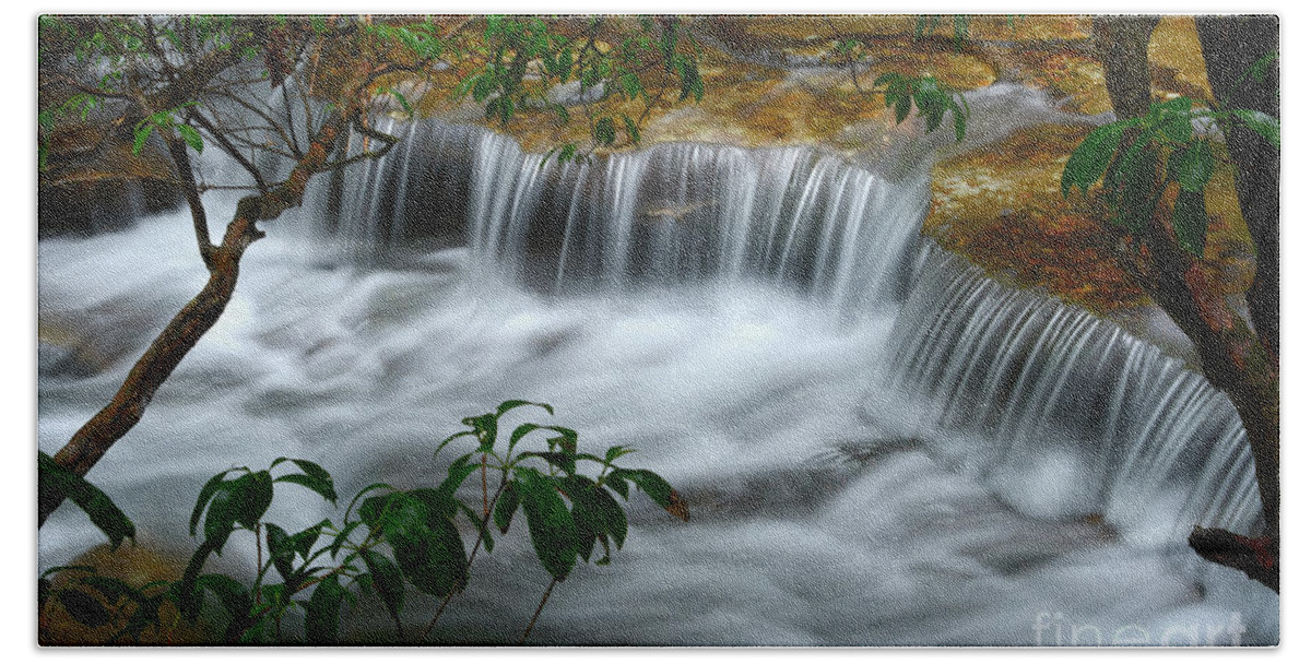 Virgin Falls Beach Towel featuring the photograph Cascading Creek In Forest by Phil Perkins