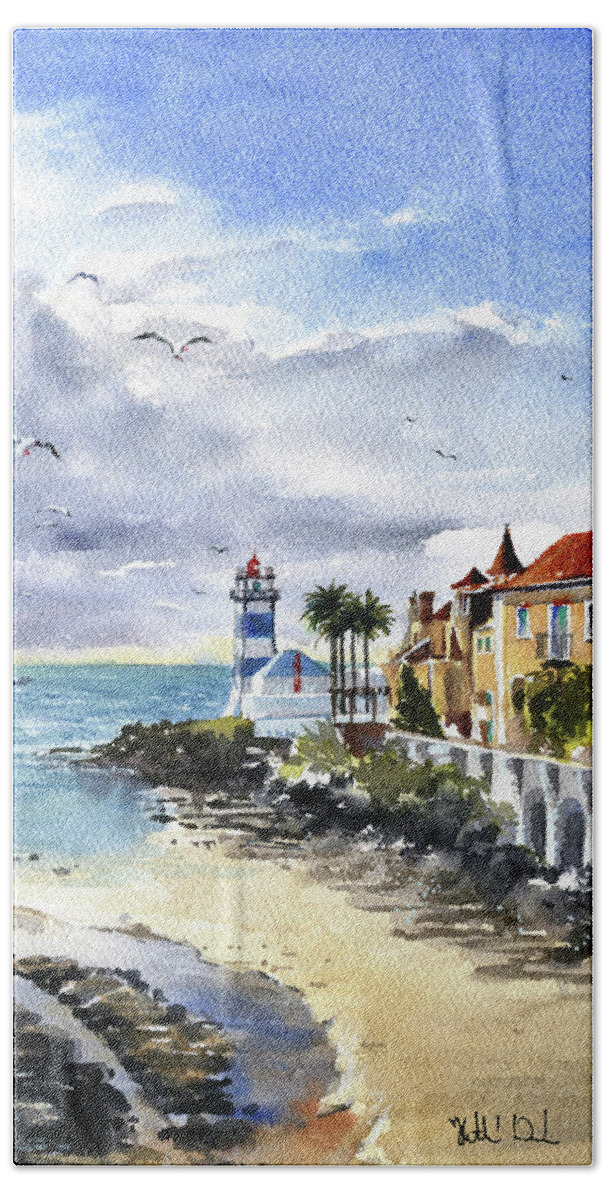 Portugal Beach Towel featuring the painting Cascais Lighthouse At Low Tide by Dora Hathazi Mendes