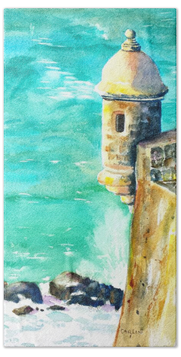Castillo De San Cristobal Beach Sheet featuring the painting Castillo de San Cristobal Ocean Sentry by Carlin Blahnik CarlinArtWatercolor
