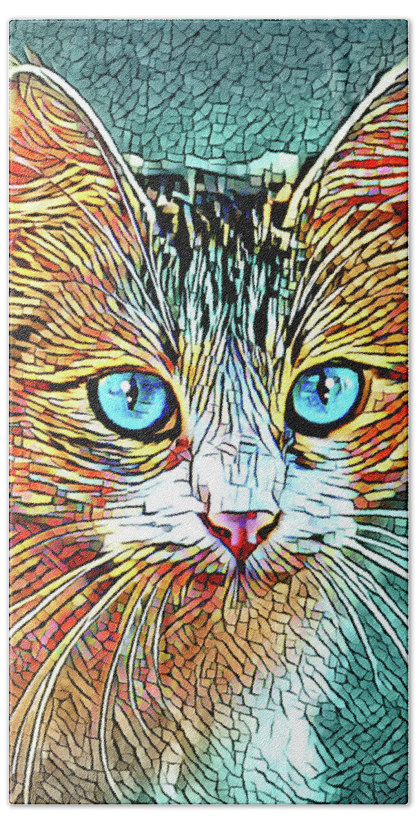 Cat Beach Towel featuring the digital art Cat 685 Turquoise Orange by Lucie Dumas