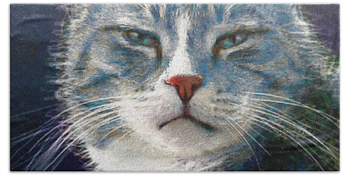 Stayhome Beach Towel featuring the painting Cat Mask Blue by Angie Braun