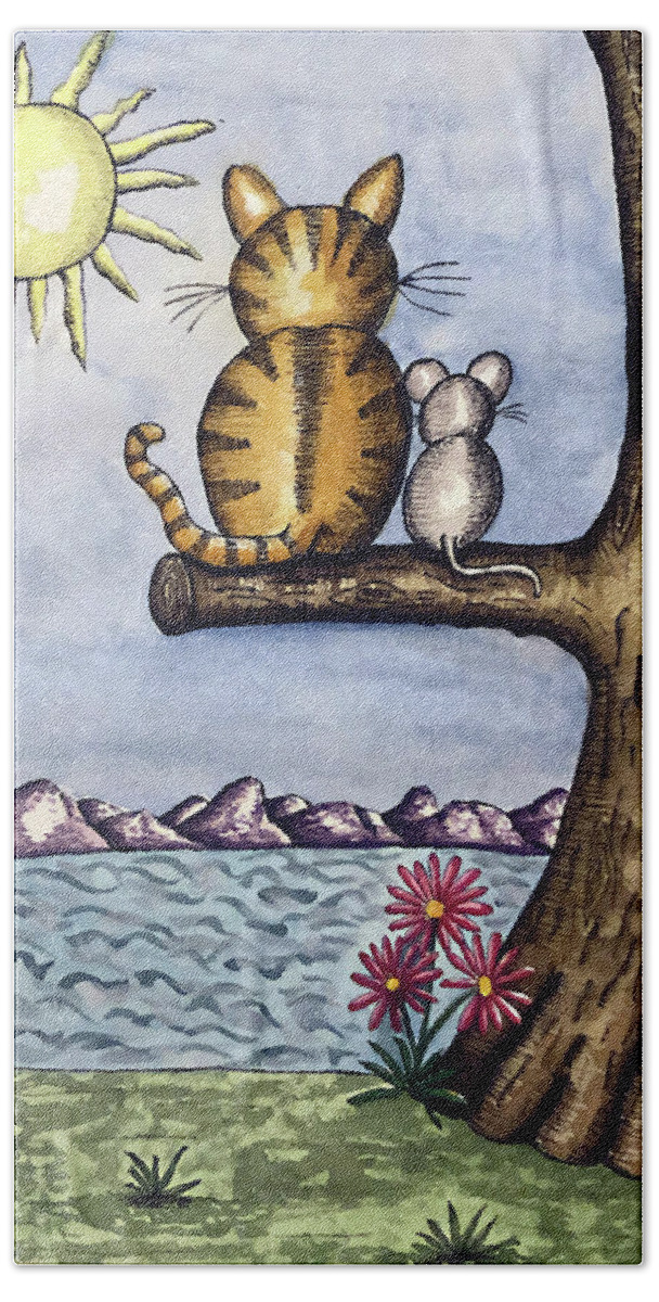 Childrens Art Beach Towel featuring the painting Cat Mouse Sun by Christina Wedberg