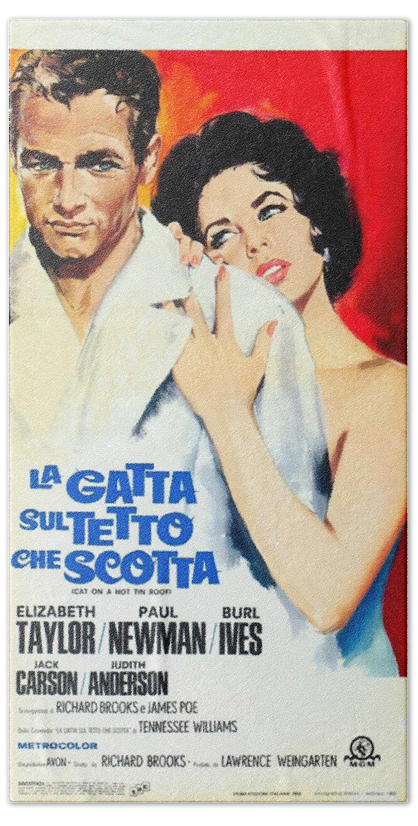 Synopsis Beach Towel featuring the mixed media ''Cat on a Hot Tin Roof'', 1958 - art by Silvano Campeggi by Movie World Posters