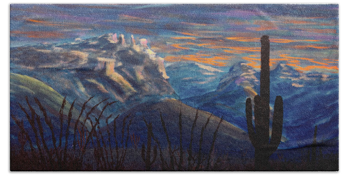 Tucson Beach Towel featuring the painting Catalina Mountains Sunrise, Tucson Arizona by Chance Kafka