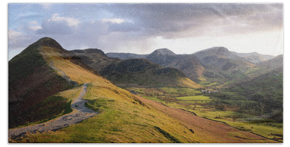 Panorama Beach Towel featuring the photograph Catbells Hiking trail in the Lake District England by Sonny Ryse