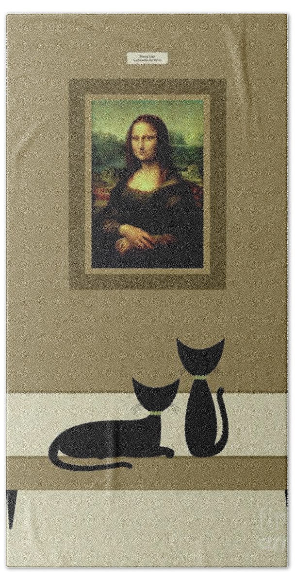 Cats Visit Art Museum Beach Towel featuring the digital art Cats Admire the Mona Lisa by Donna Mibus