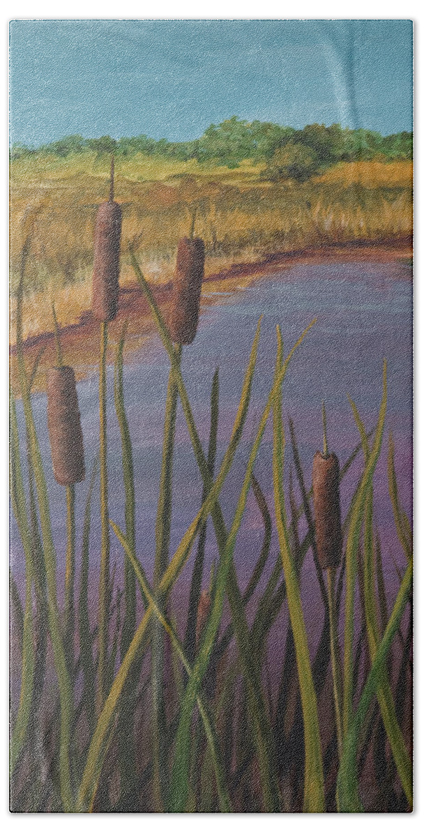 Landscape Beach Towel featuring the painting Cattails by Darice Machel McGuire