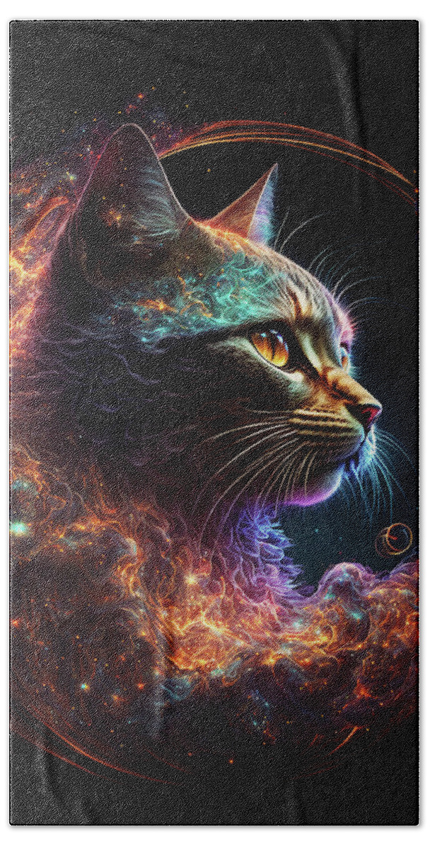 Psychedelic Cat Beach Towel featuring the digital art Celeste the Cosmic Cat by Peggy Collins