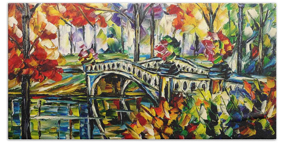 Colorful Cityscape Beach Towel featuring the painting Central Park, Bow Bridge by Mirek Kuzniar