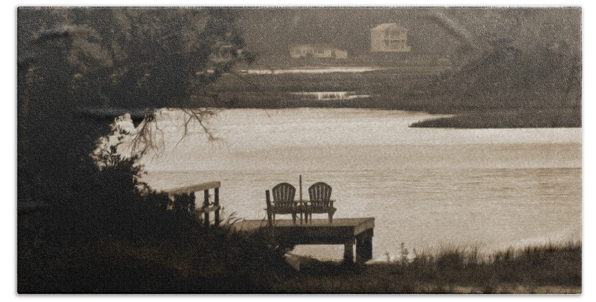 Beach Scene Beach Towel featuring the photograph Chairs on a Dock by Mike McGlothlen