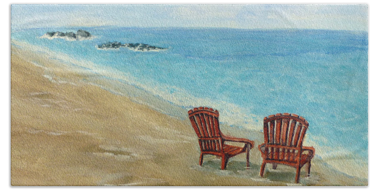 Beach Beach Towel featuring the painting Chairs on the Beach by Kelly Mills
