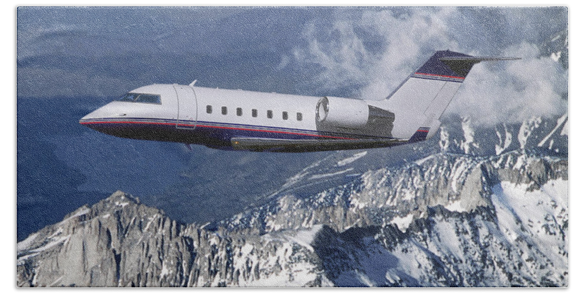 Challenger Business Jet Beach Towel featuring the mixed media Challenger Corporate Jet over Snowcapped Mountains by Erik Simonsen