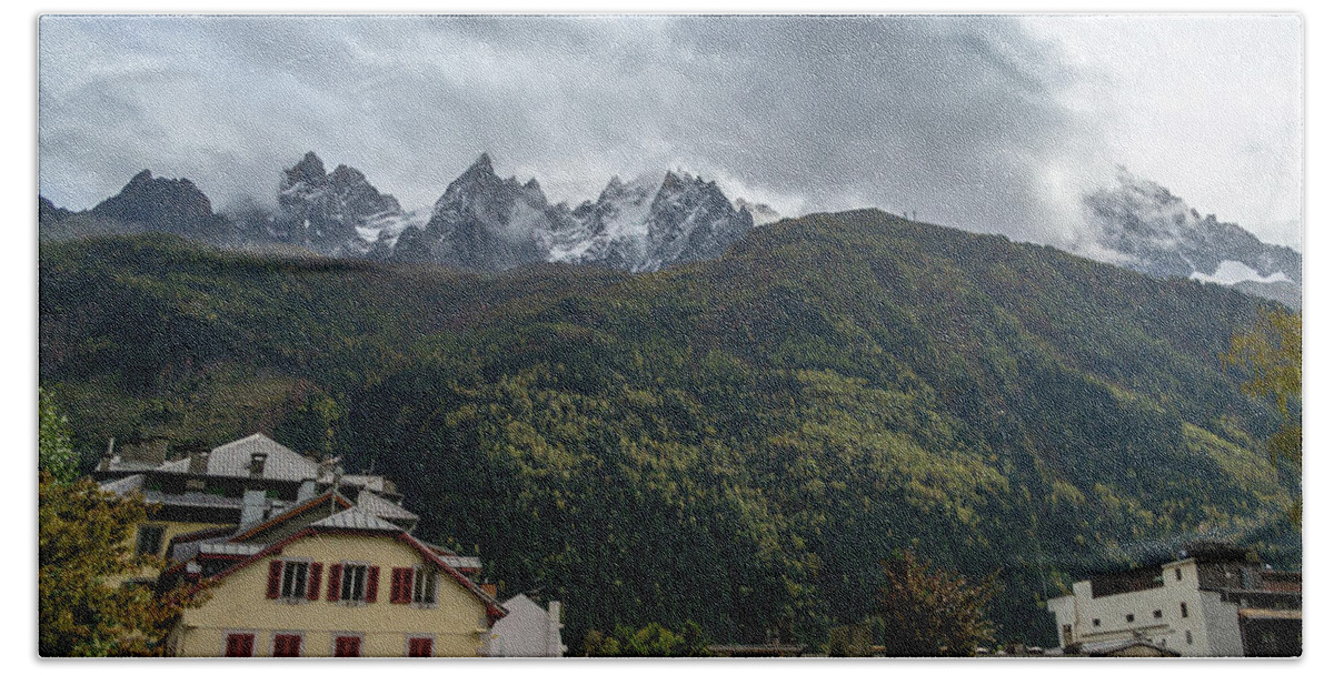 France Beach Towel featuring the photograph Chamonix looking up to Mont Blanc by Andrew Lalchan