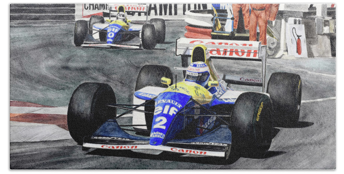 Alain Prost Beach Sheet featuring the painting Champion by Oleg Konin