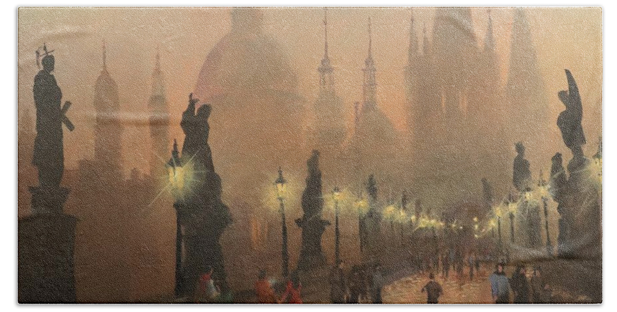 Charles Bridge Beach Towel featuring the painting Charles Bridge Prague by Tom Shropshire