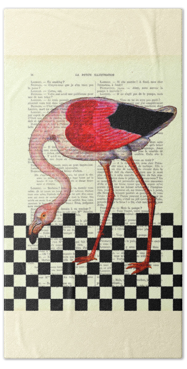 Flamingo Beach Towel featuring the mixed media Checkerboard Flamingo by Madame Memento