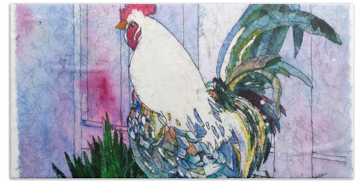 Rooster Beach Towel featuring the painting Cheeky Rooster by Barbara F Johnson