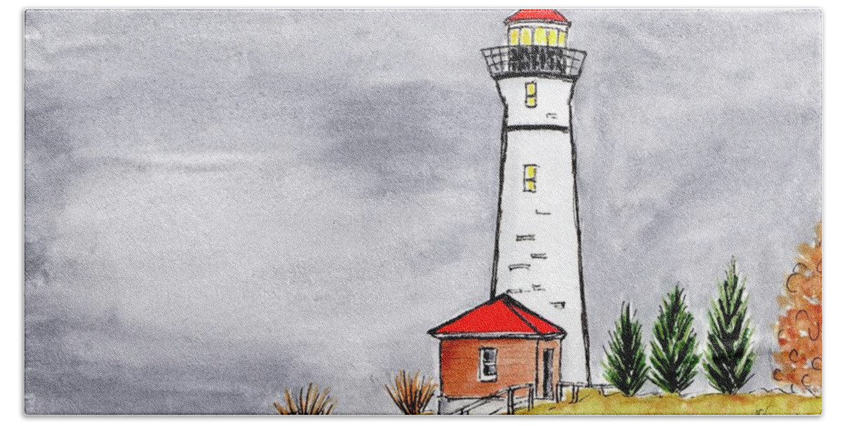 Maine Lighthouse Beach Towel featuring the painting Brave Red Top Maine Lighthouse by Donna Mibus