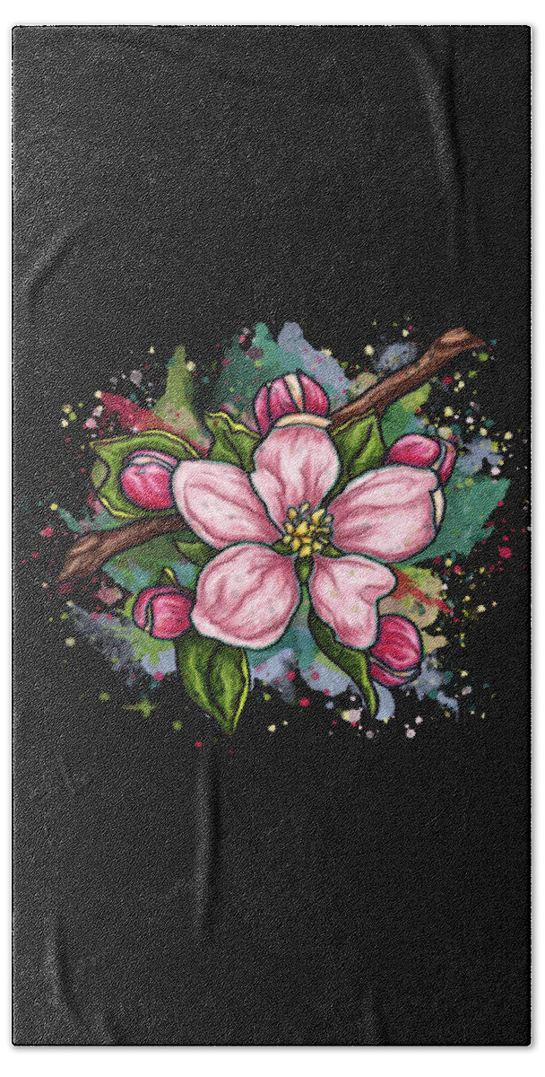 Flower Beach Towel featuring the painting Cherry blossom painting on black background, pink flower art by Nadia CHEVREL